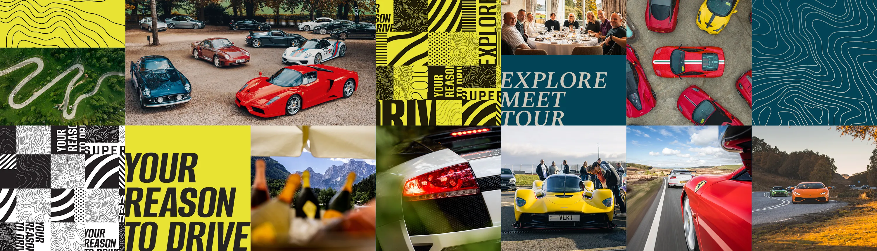 Supercar Driver branding displayed alongside an array of exotic supercars, highlighting the supercar lifestyle and event experience.